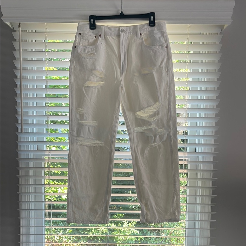 Zara The Pepper Mom Distressed High Rise White Jeans